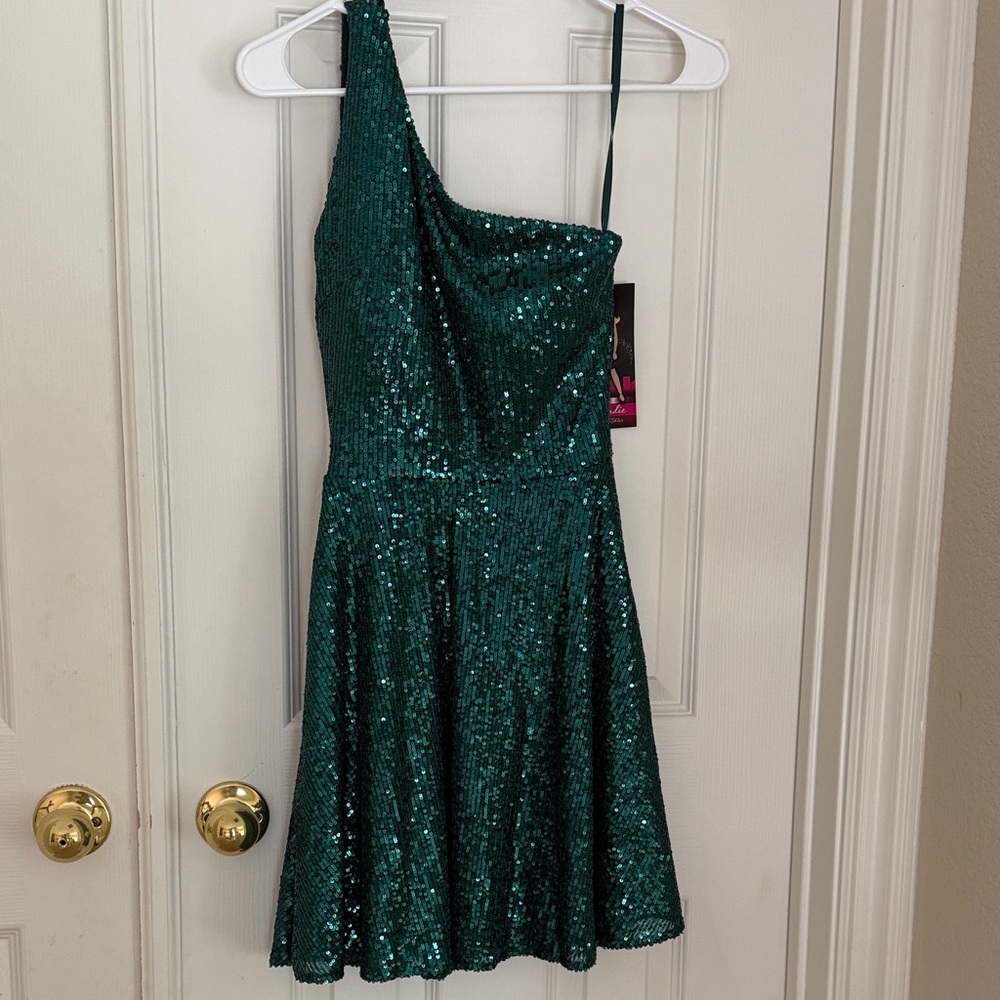Blondie Nites Green Sequin One Shoulder Mini Dress